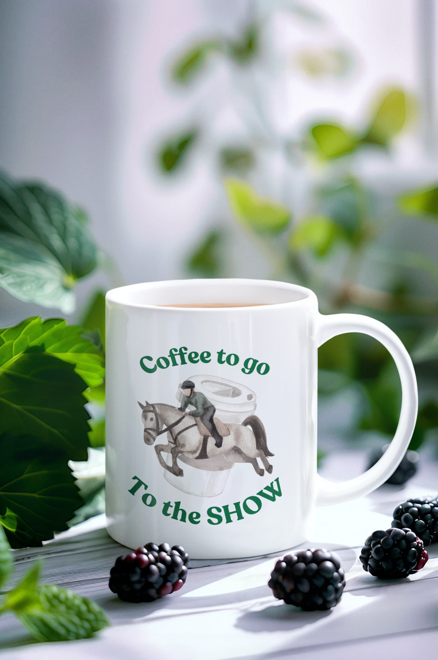 Coffee to the horseshow Shojumping white mug back