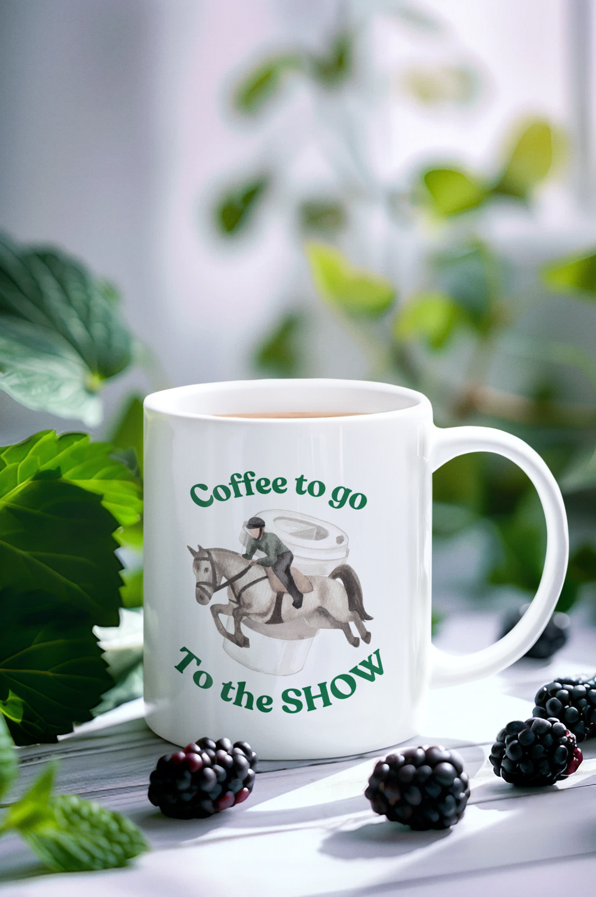 Coffee to the horseshow Shojumping white mug back