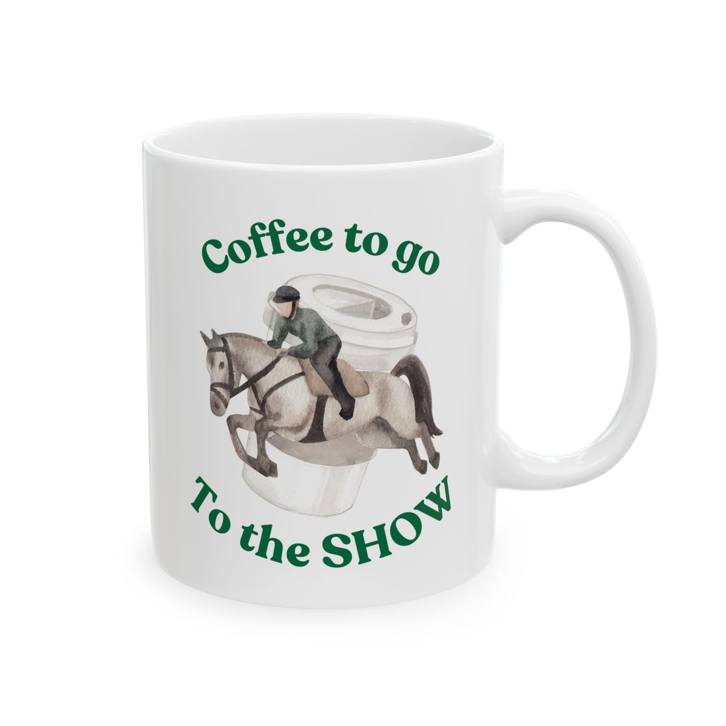 Coffee to the horseshow Shojumping white mug front
