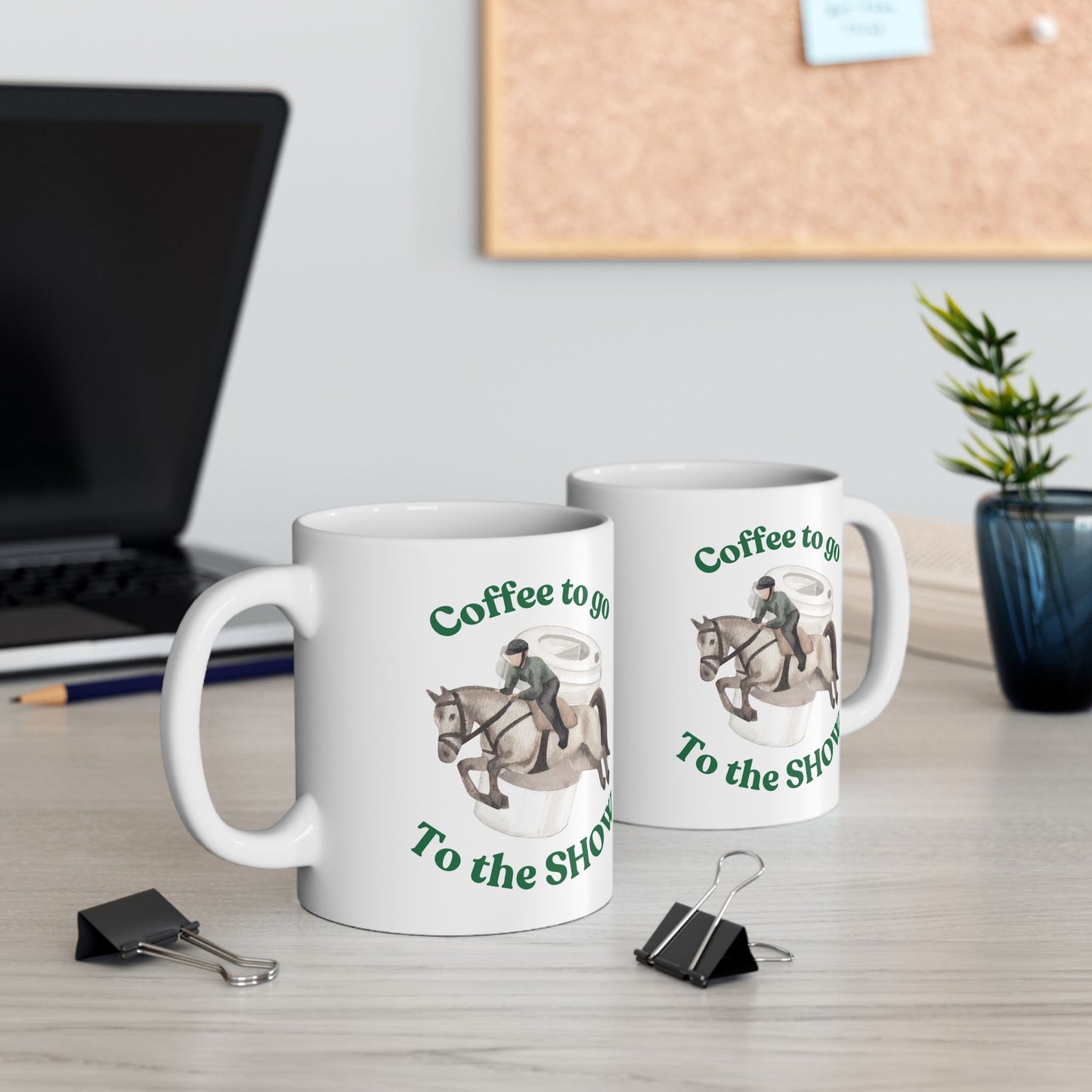 Coffee to the horseshow Shojumping white mug side