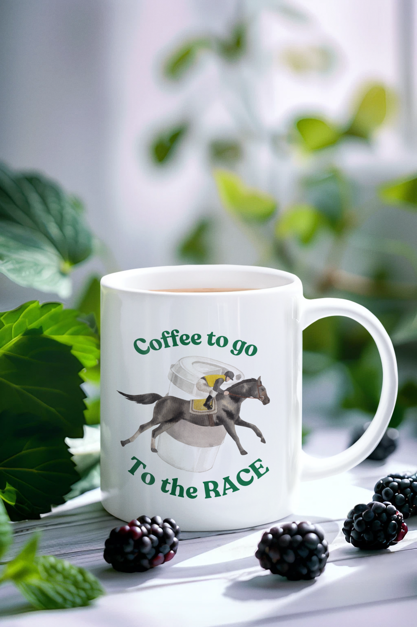Coffee to the race Horse racing white mug back