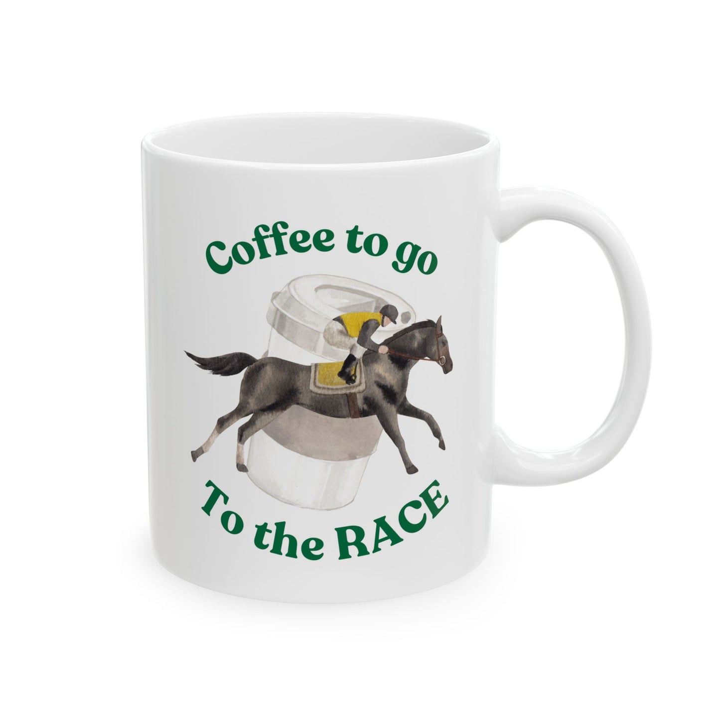 Coffee to the race Horse racing white mug front