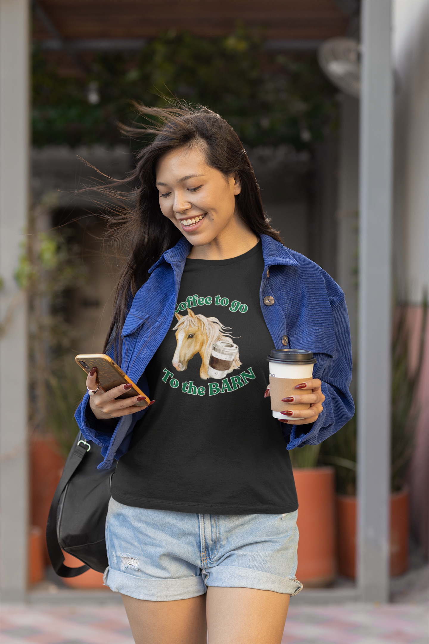 Coffee to the Barn palomino horse T-shirt black model
